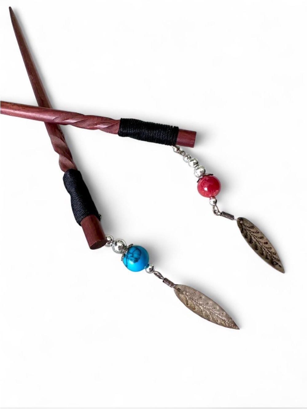 Handmade Wooden Hair Sticks with Red and Turquoise Beads